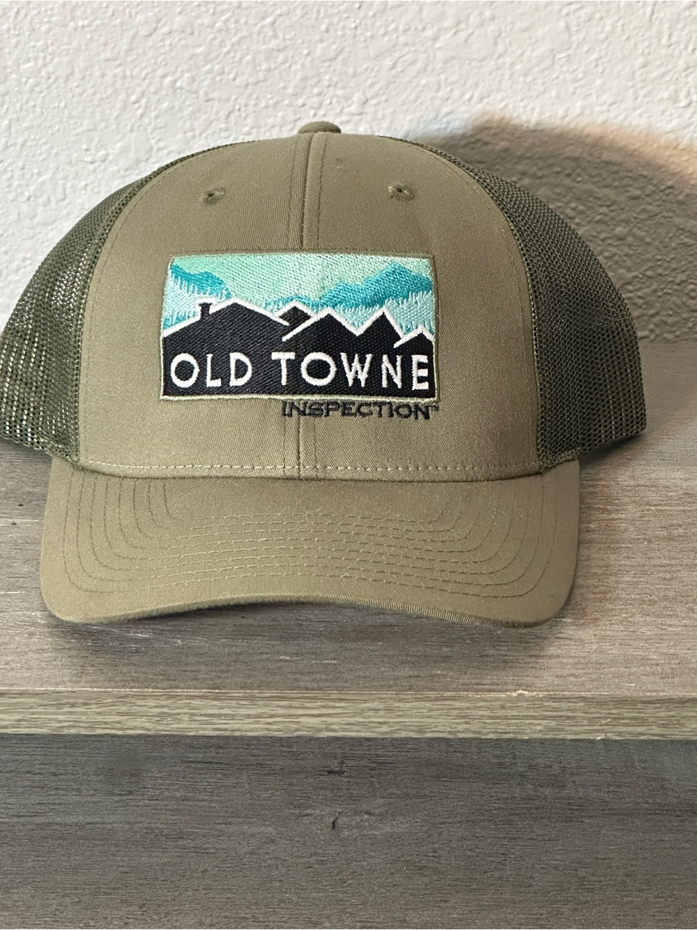 Old Towne Inspection Trucker Hat Olive Green Mesh Snapback USA Flag Cap